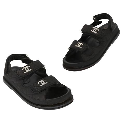 chanel black quilted diamond crystal canvas cc strap dad sandals|Chanel velcro sandals.